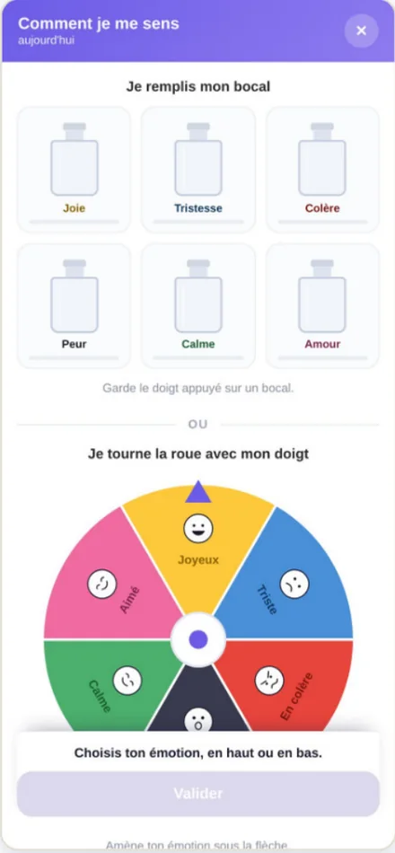 L'écran « Comment je me sens » : six bocaux à remplir — joie, tristesse, colère, peur, calme, amour — ou une roue à tourner du doigt